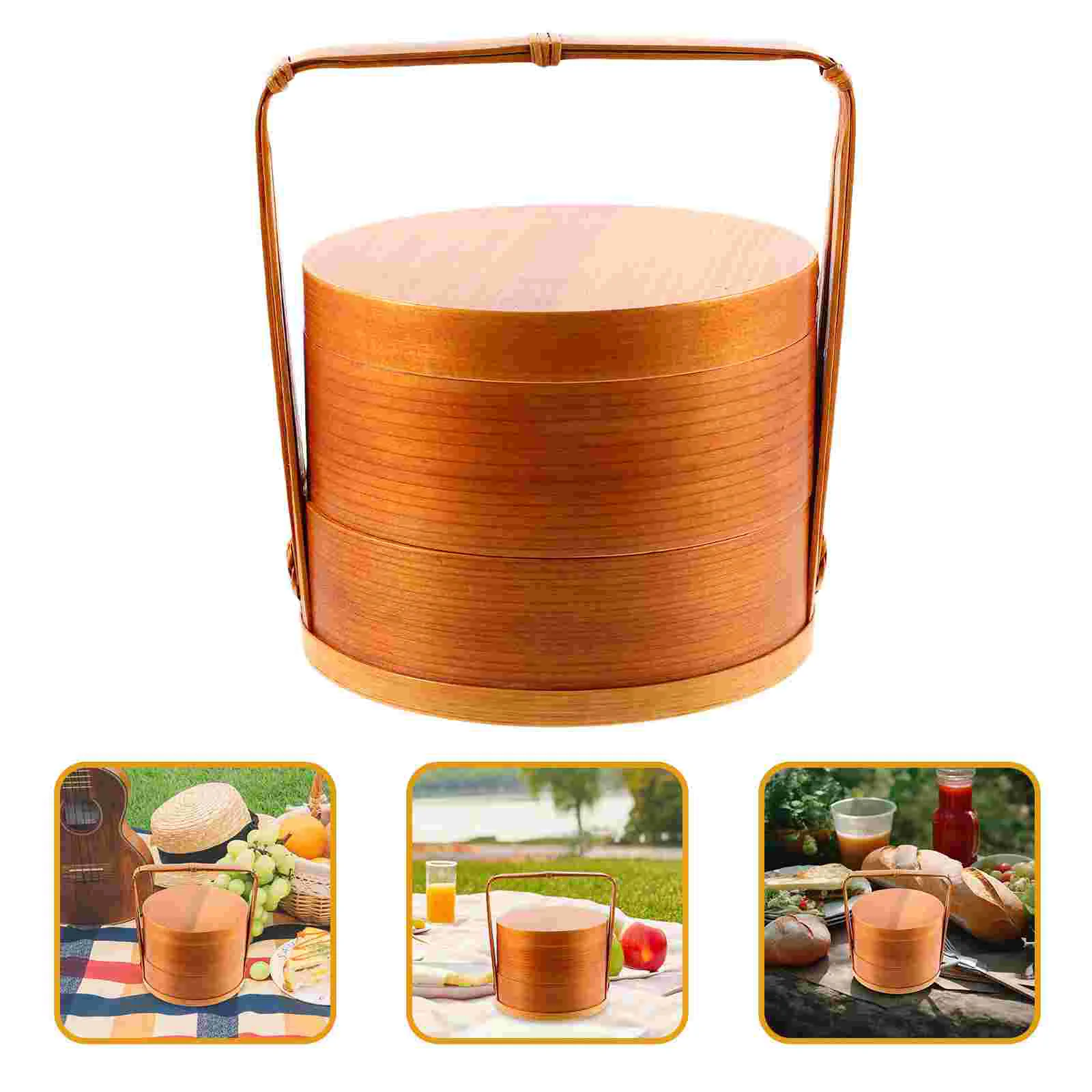 Wooden Double Layer Round Lunch Sushi Box Japanese Style Portable Picnic Lunchbox For Picnic Tableware