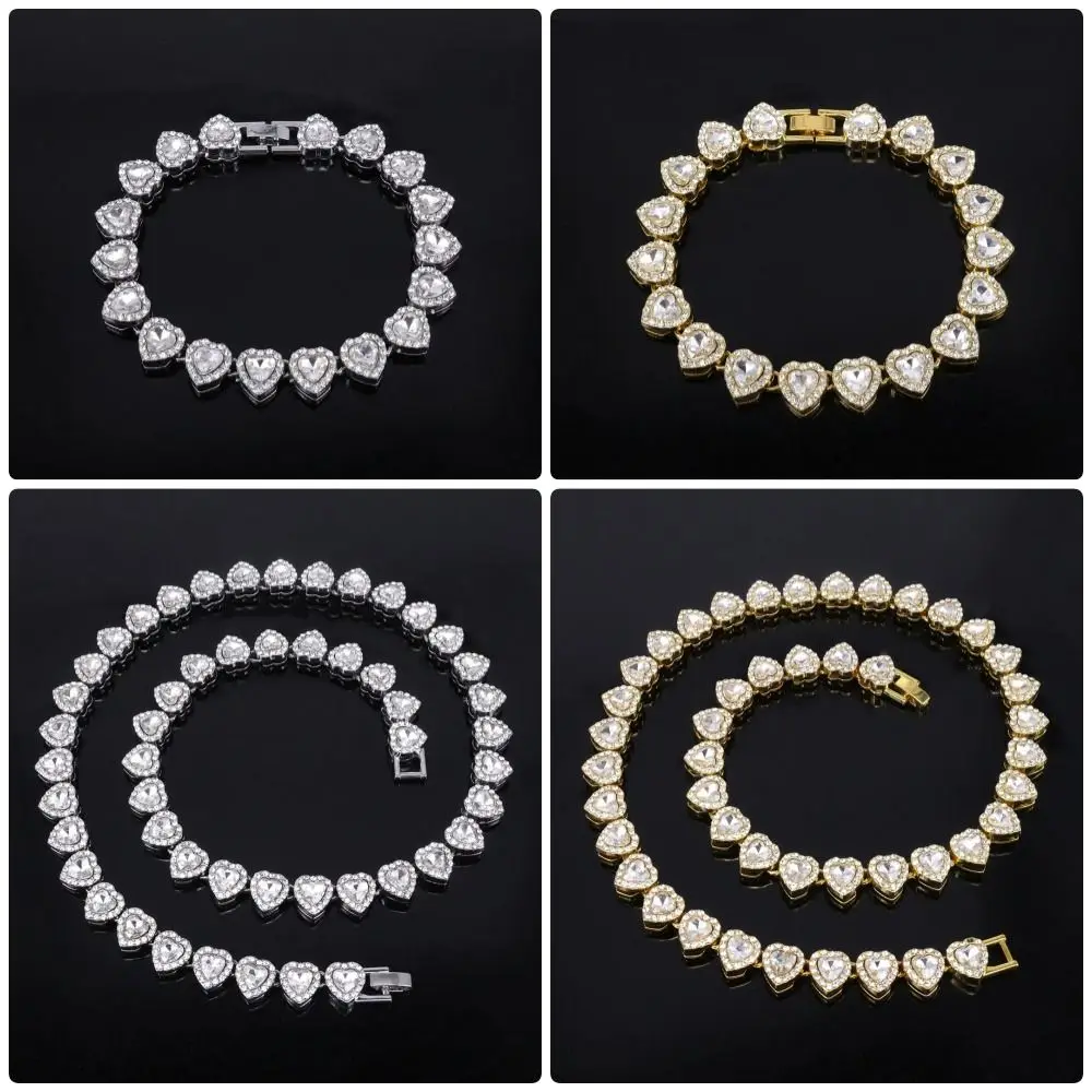 1Pcs New Heart-shaped Rhinestone Necklace Shiny Heart 20/45cm Chain Bracelet Fashion Alloy Rock Party Jewelry