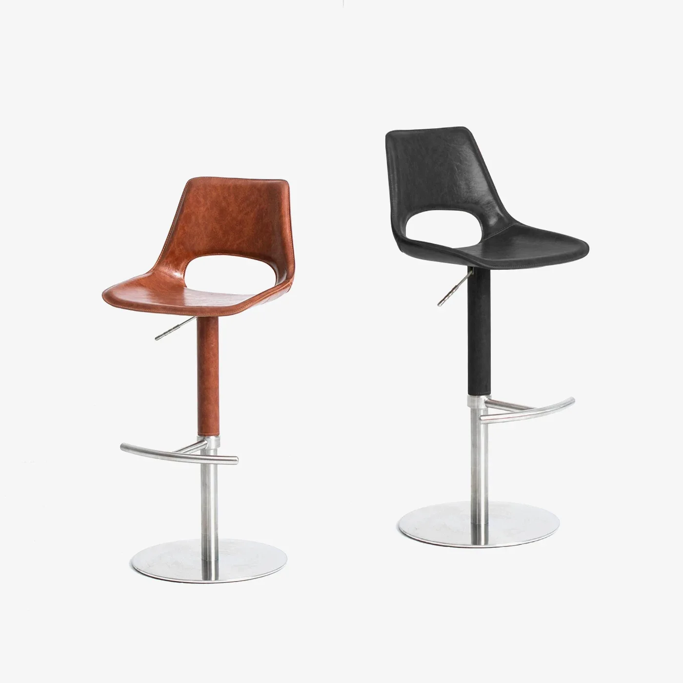 Medieval light luxury Nordic saddle leather lifting high stool backrest lifting chair stainless steel bar chair front