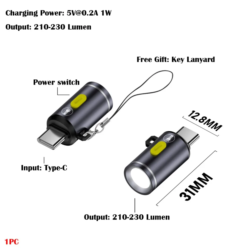 230 High Lumens Type-C Mini Flashlight with Lanyard Plug and Play USB C Emergency Lamp Portable Aluminum Alloy