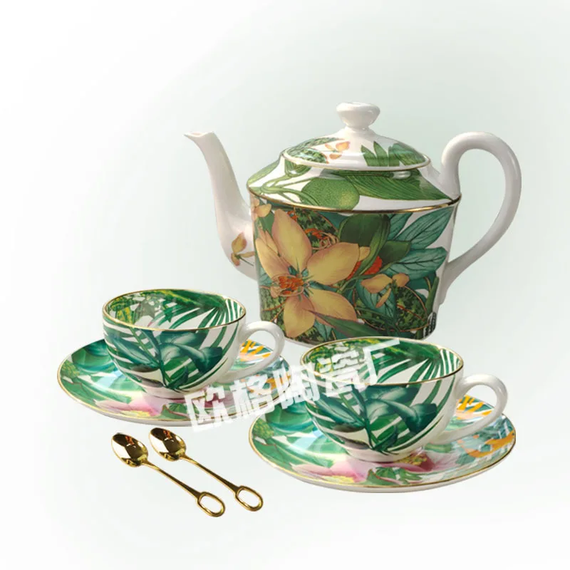 

Painting Style Tropical Rainforest A Pot Round Mouth Double Cup Plate with Original Standard Spoon Afternoon Tea Coffee