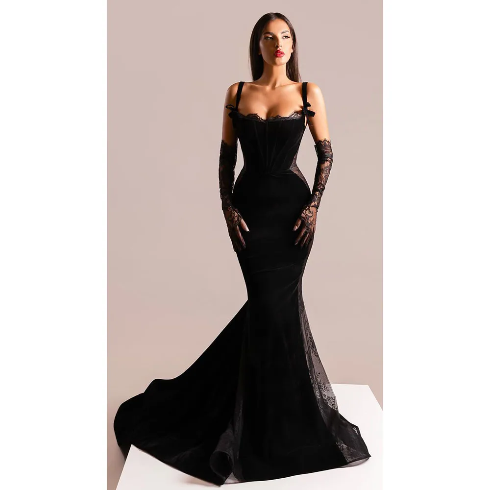 

High Quality Black Evening Party Dresses Spaghetti Strap Sweetheart Floor Length Trumpet Fancy Lace Sexy Women Prom Gowns