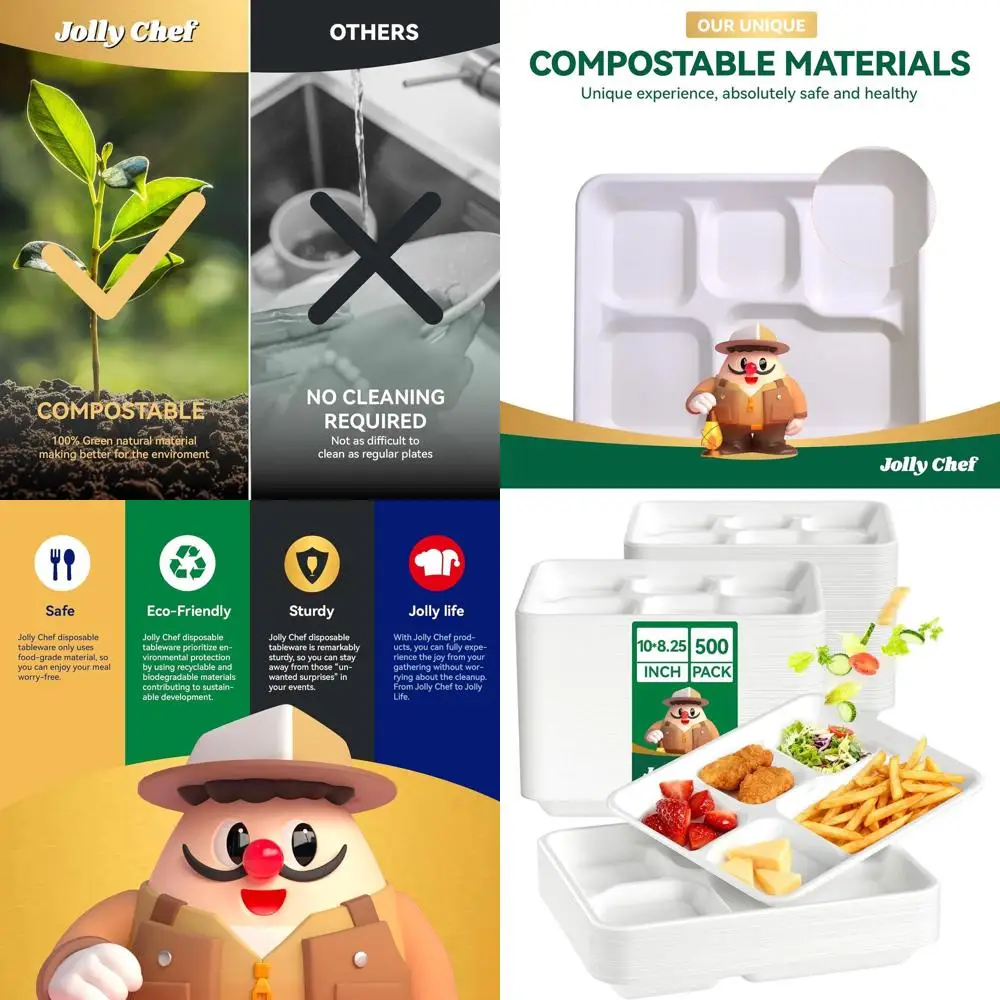 

Eco-Friendly 500 Pack 10x8.25 Inch Heavy-Duty Biodegradable 5-Section Paper Plates for School, Dinner, and Holidays