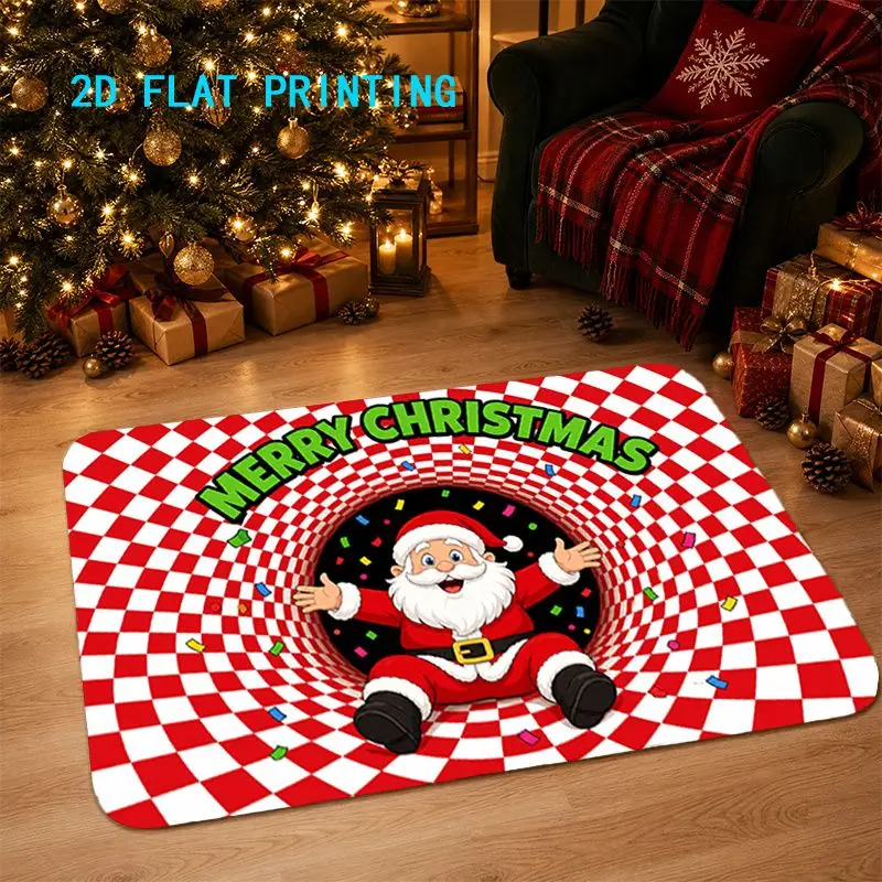 VIKAMA Merry Christmas Swirl-Pattern Doormat, Checkered Santa Claus Non-Slip Decorative Rug, Holiday Party Home Decor