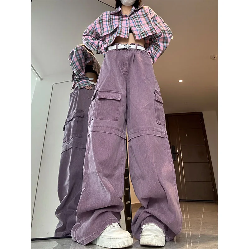 

American Style Vintage Female Summer Baggy Jeans High Waist Casual Purple Overalls Wild Look Thin Washed Trendy Wide Leg Pants