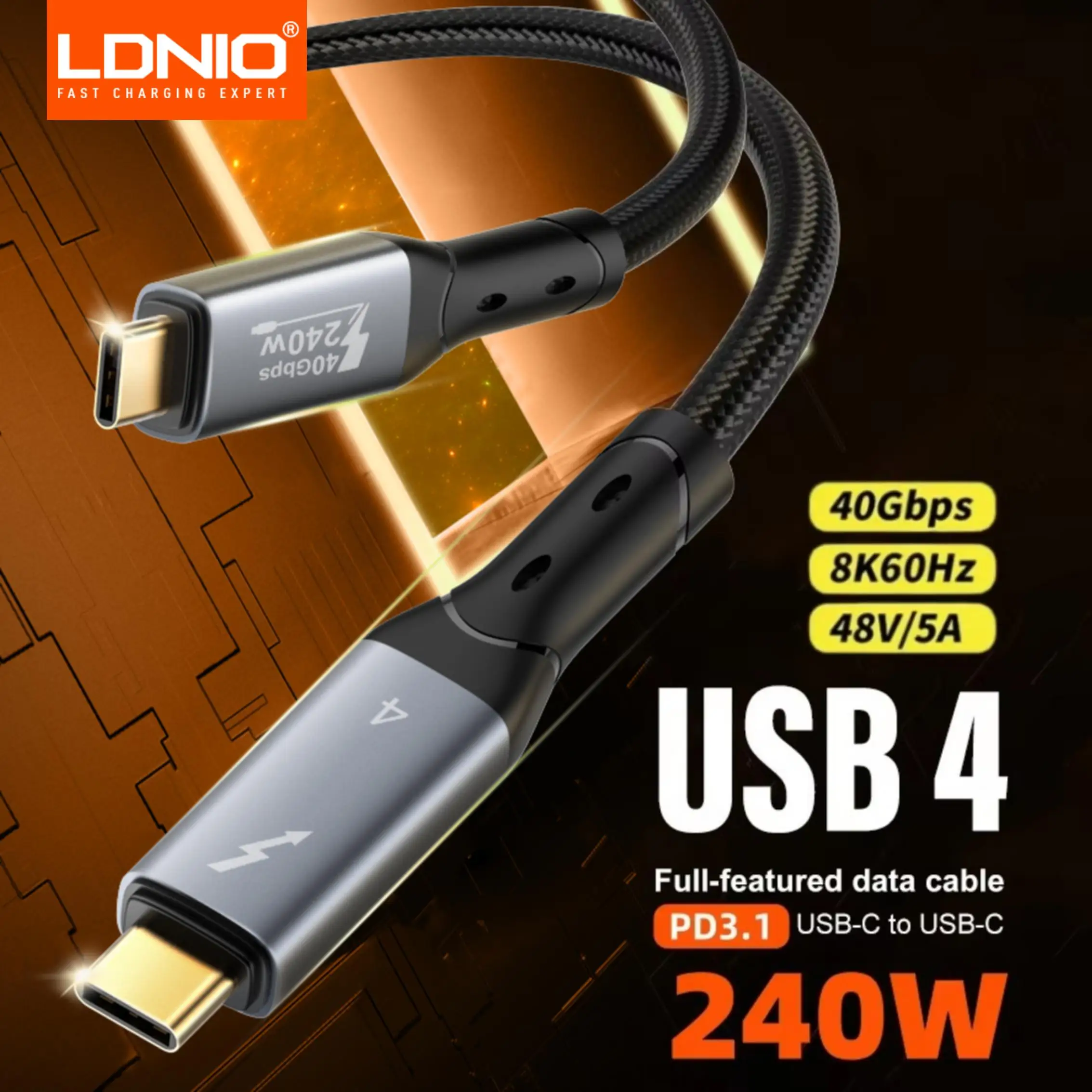

LDNIO 240 Вт PD3.1 USB C к типу C Кабель для быстрой зарядки 8K 60 Гц 40 Гбит/с Высокоскоростная передача данных USB4 40 Гбит/с Передача данных Ноутбук ТВ