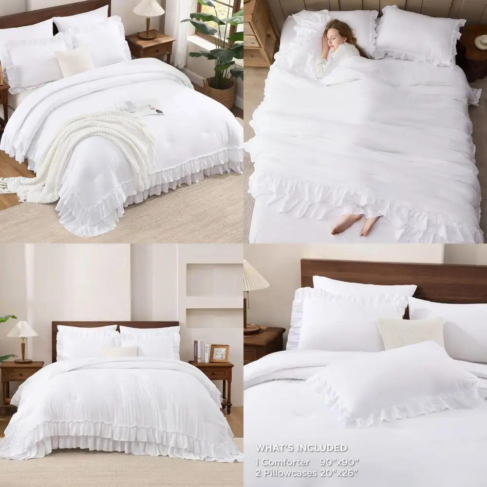 

Queen Size Light Fluffy White Ruffle Comforter Set, 3-Piece Shabby Chic Bedding with Microfiber, All Season Softness