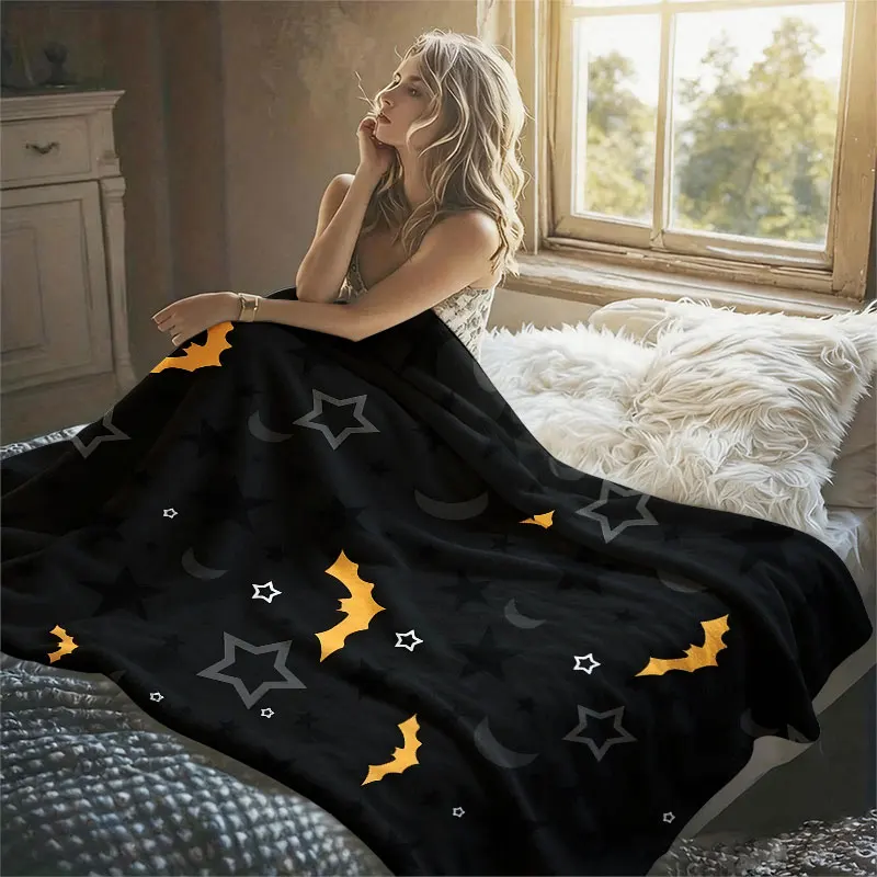 Halloween Bat Star Moon Flannel Blanket Warm Soft Halloween Christmas Decorative Couch Warm Cozy All-Season Gift