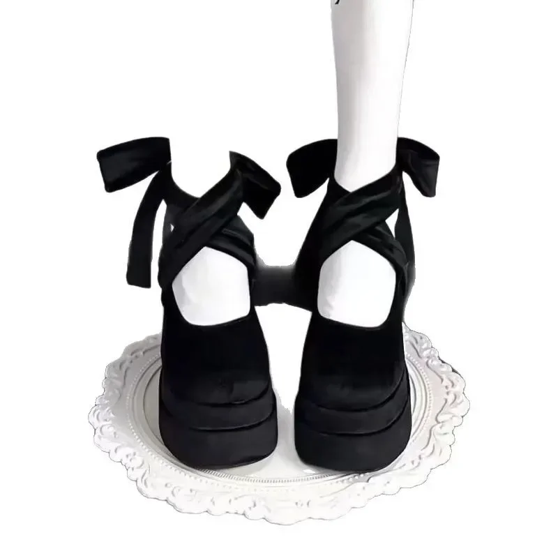 Wodoodporne platformy na wysokim obcasie z krzyżowymi paskami, buty Mary Jane na grubej podeszwie, różowe buty ślubne w stylu Lolita