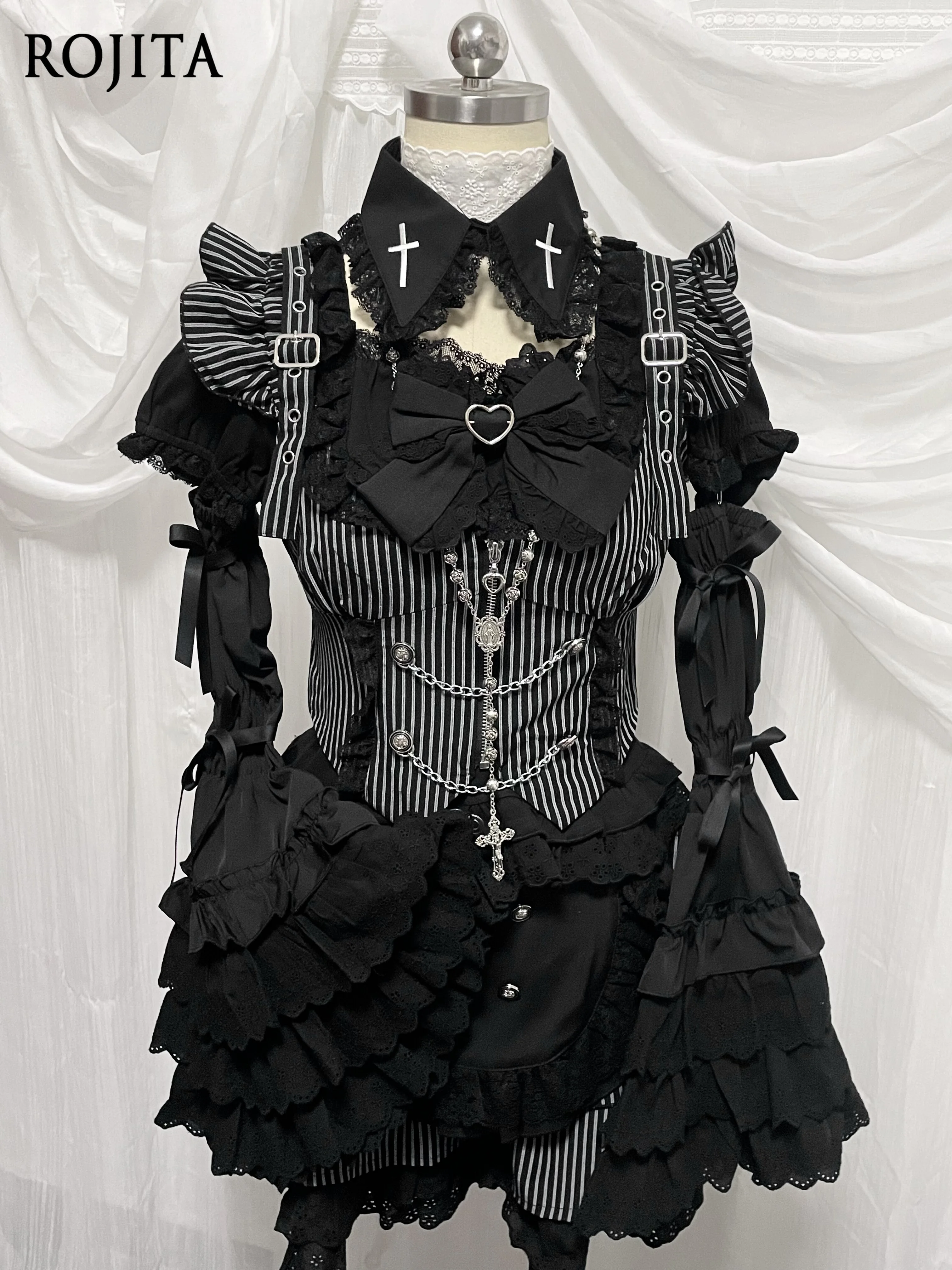 Gothic Lolita Short Sleeve Top Cross Print Collar Big Bow Heart Metal Ring Lace Ruffle Trim Dark Sweet Lolita Blouse
