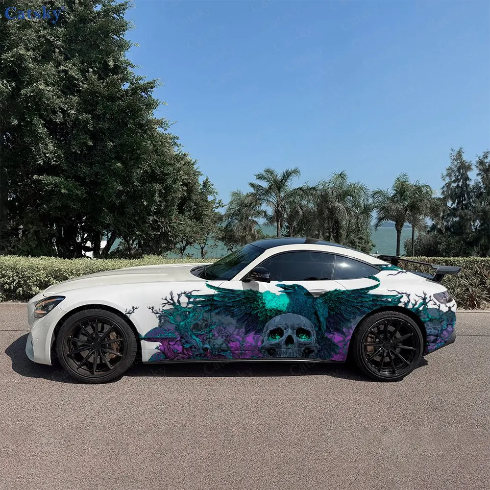 2pcs Purple Flame Raven Soul Skull Car Side Wraps, Self-Adhesive PVC Waterproof & Scratch-Resistant Stickers, Car Accessory Gift