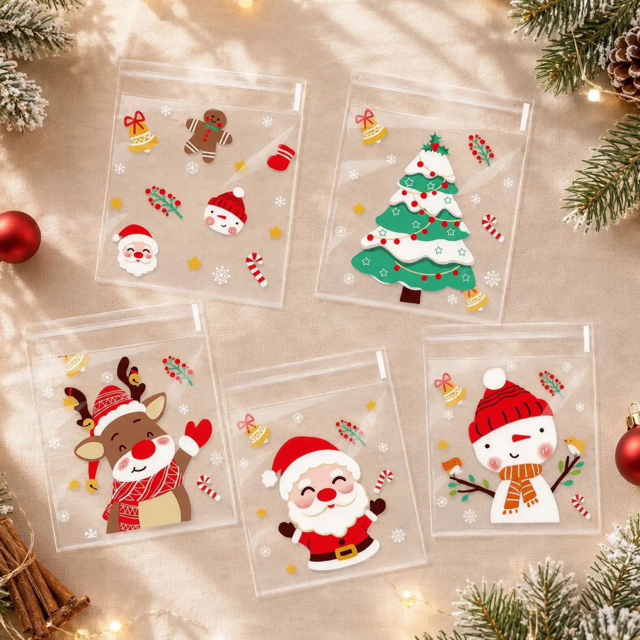 Christmas Cartoon Self-Adhesive Gift Bags Transparent 30/60 Pieces Santa Claus Snowman Theme Party Favor Bags