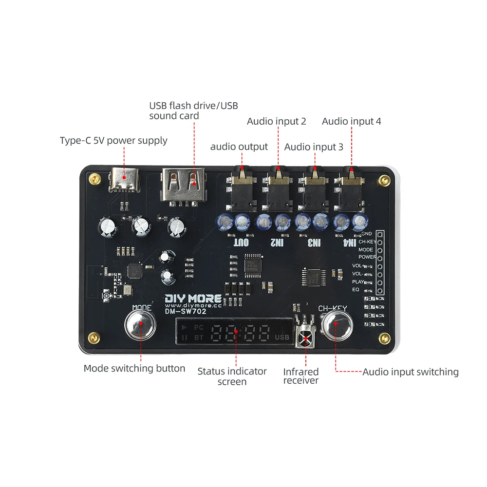 DM-SW702 6-Select 1 Audio Switcher With Bluetooth Playback USB Sound Card AUX-3.5mm Input Type-C DC 5V For TV Game Console