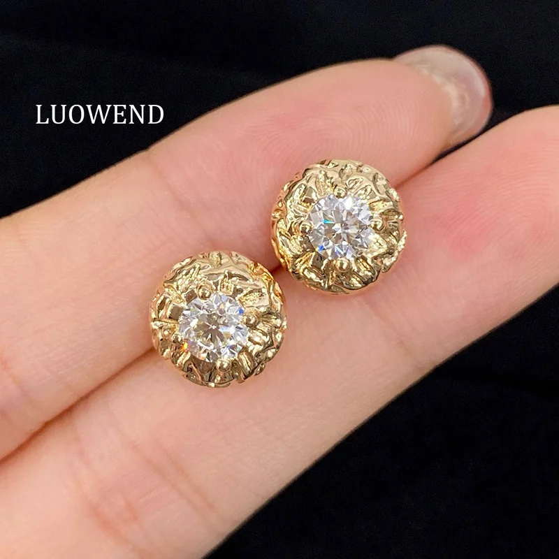 LUOWEND 100% 18K Yellow Gold Earrings Luxury Elegant Style 1.0carat Real Natural Diamond Stud Earrings for Women Fine Jewelry