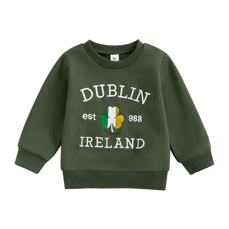 Kids Sweatshirt Long Sleeve Crew Neck Embroidery Letters Shamrock Hoodie Pullover Clothes for Boys Girls