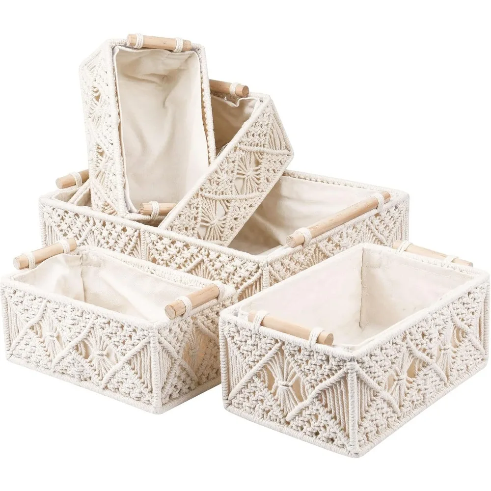 

5PCS Macrame Storage Baskets with Wood Handles, Removable Liner for Bathroom Organizer Boho Decor