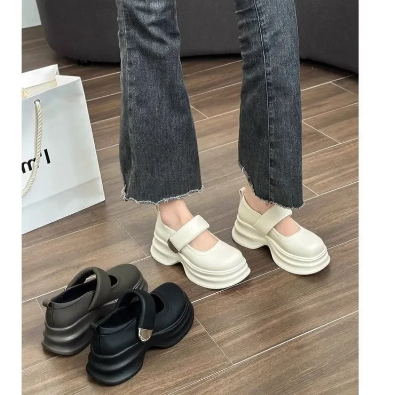 Leather Shoes for Women, 2025 New Velcro Big Toe Loafers, Fashionable and Versatile British Style Thick Soled Single Shoes