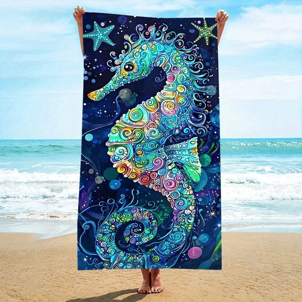 Seaside Beach Towel Colorful Seahorse Ocean Pattern Microfiber Quick Dry Towel For Swimming Vacation Travel