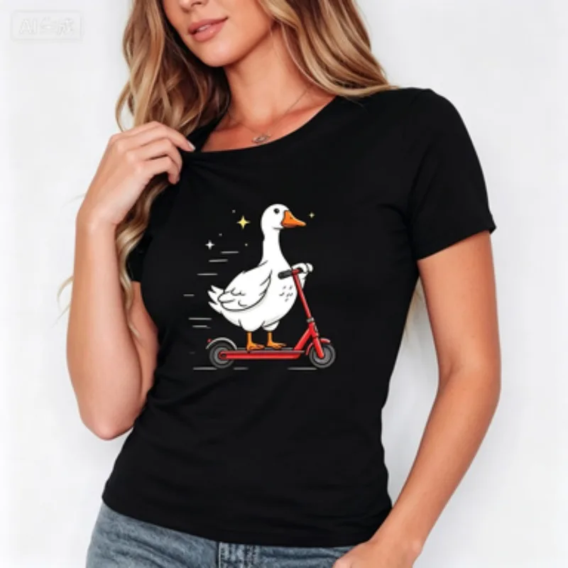 Women Slim‑fit Round Neck Short‑sleeve T‑Shirt Funny Cartoon Goose Ride Scooter Cute Animal Graphic Casual Daily Female Tops