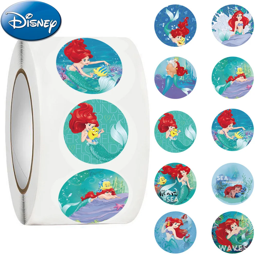 Rouleau d'autocollants de scellage du film Disney la petite sirène, 500 pièces/rouleau, dessin animé mignon princesse Ariel, jouet de récompense pour enfants, autocollants pour téléphone et bagages