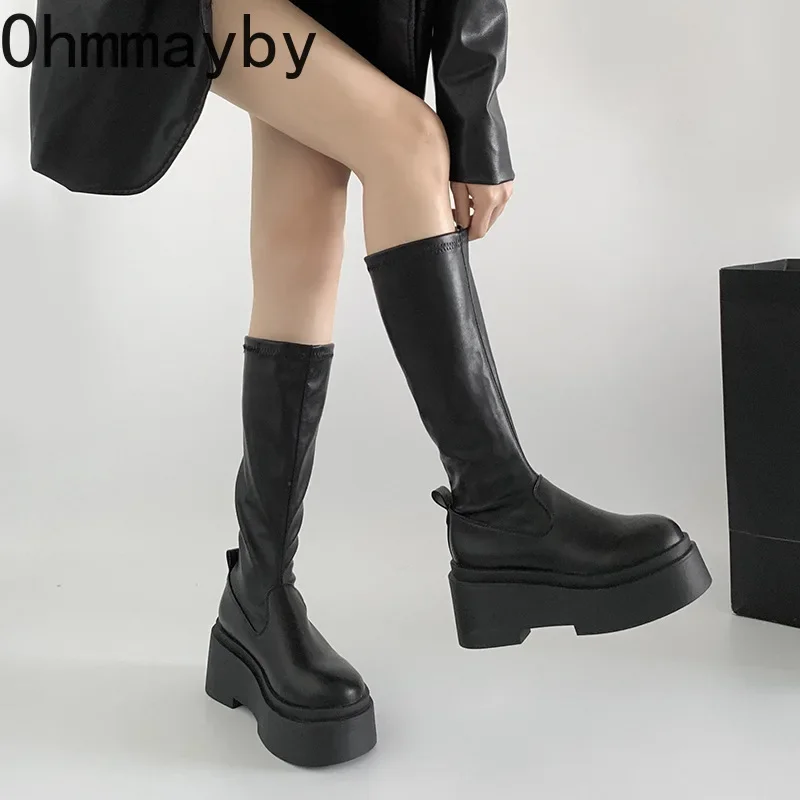 Styl uliczny jesienno-zimowa długie buty do kolan damskie modne platformy wysokie obcasy buty wsuwane Party Botas Mujer