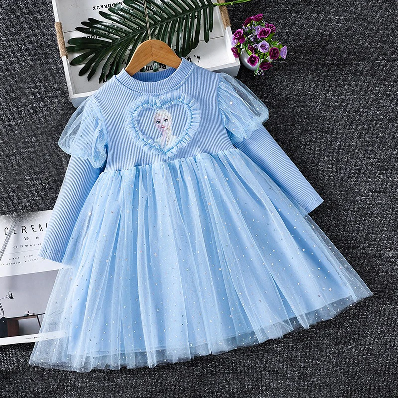 Disney New Girls Dress Frozen Princess Dress Long-sleeved Blue for Children Gauze Kids Dress Elsa Anna Birthday Party Clothes