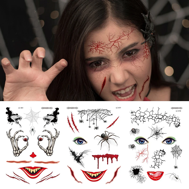 Halloween Tattoo Stickers Face Spider Scar Wound Lip Scratched Terror Realistic Fake Temporary Waterproof