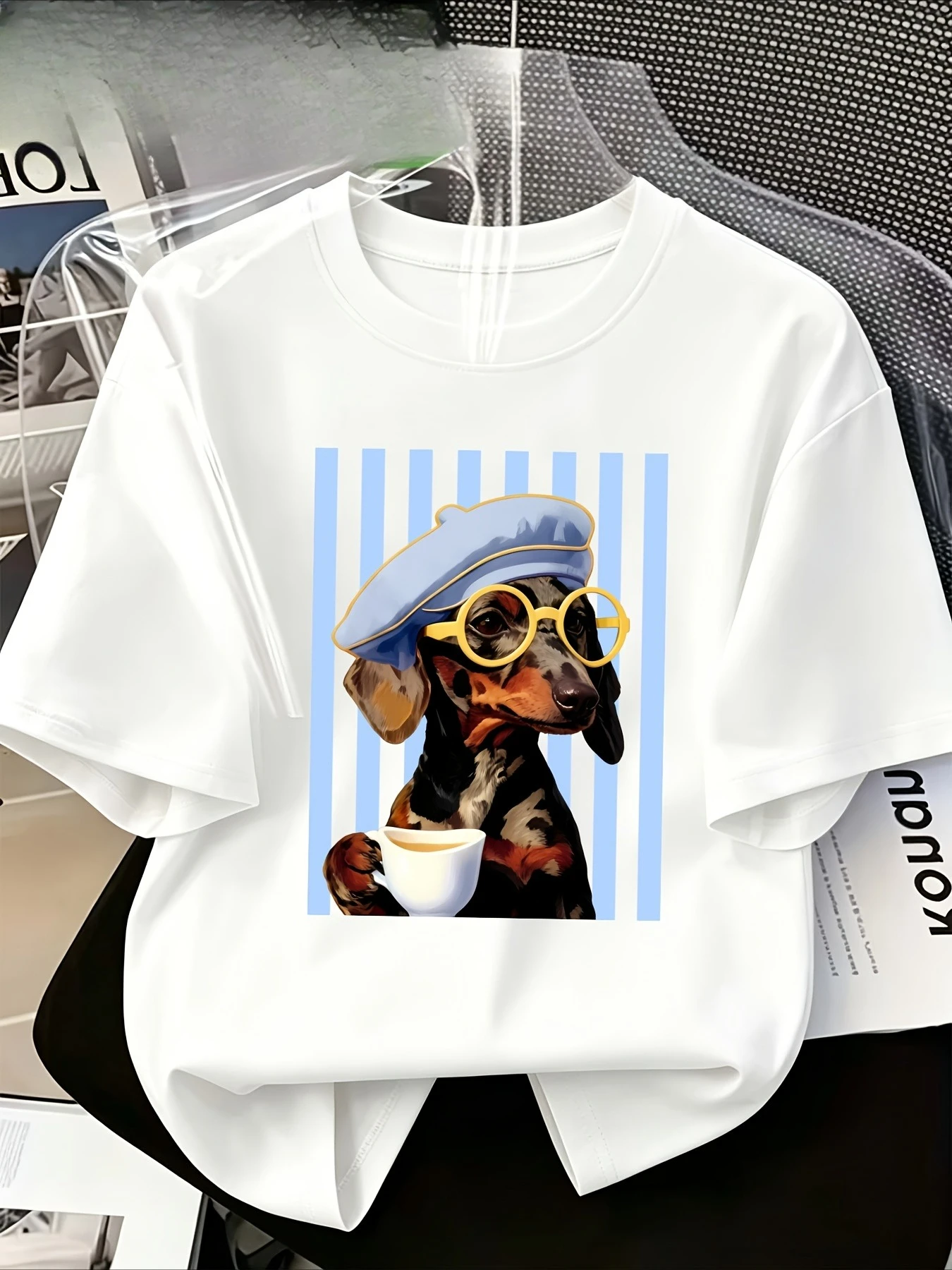 Artistic Style Wearing Beret, Sausage Dog Print Children's T-shirt Cute Pet Casual Versatile Parent-child Top