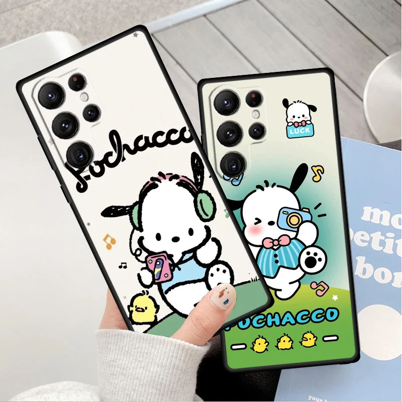 Pochacco Cute Sanrio Silicone Black Phone Case For Samsung Galaxy S24 S23 S22 S21 S20 FE S10 S9 S10E S8 Plus Ultra Lite 5G