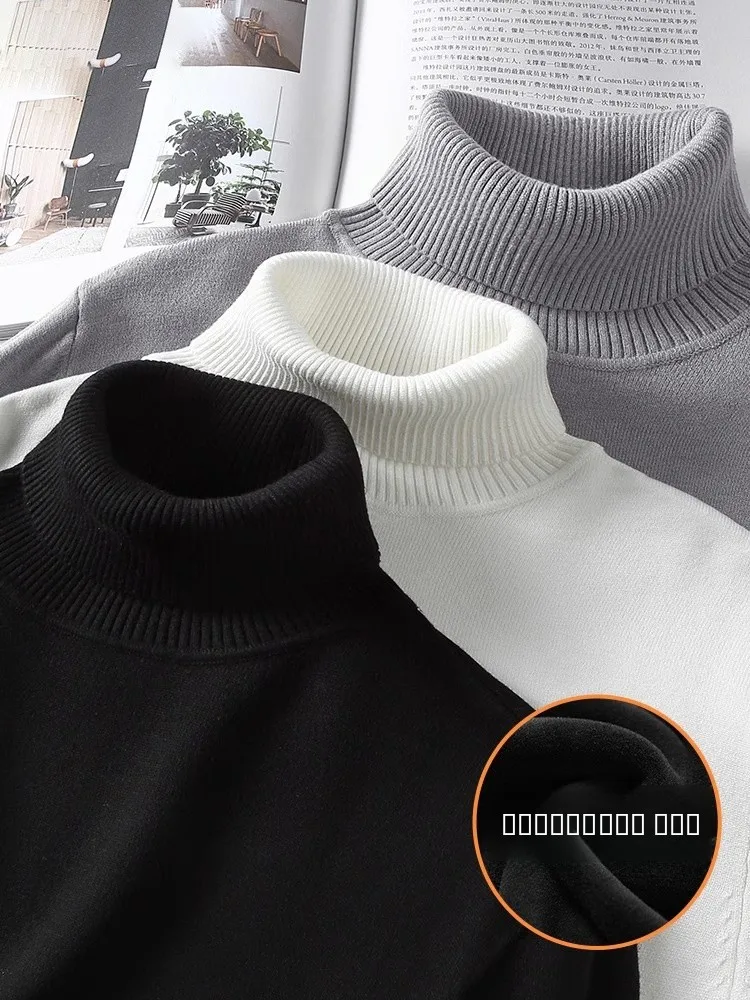 

Модный мужской вязаный свитер с высоким воротом, утепленный флисом, осенне-зимний, стильный базовый слой, молодежный повседневный, из полиэстера