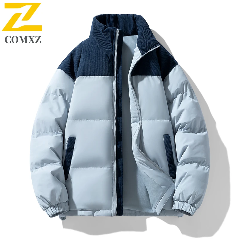 Jaket Katun Pasangan Tren Mantel Katun Kerah Berdiri Hangat Tebal Tahan Dingin Pakaian Musim Dingin Kasual Luar Ruangan Mantel Ritsleting Bawah