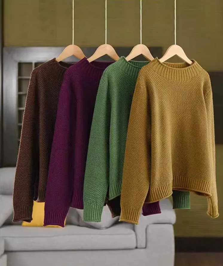 Nuevo suéter Retro liso con cuello simulado para mujer, jerséis tejidos de algodón peinado, tejido suelto, camiseta de fondo de otoño de gama alta