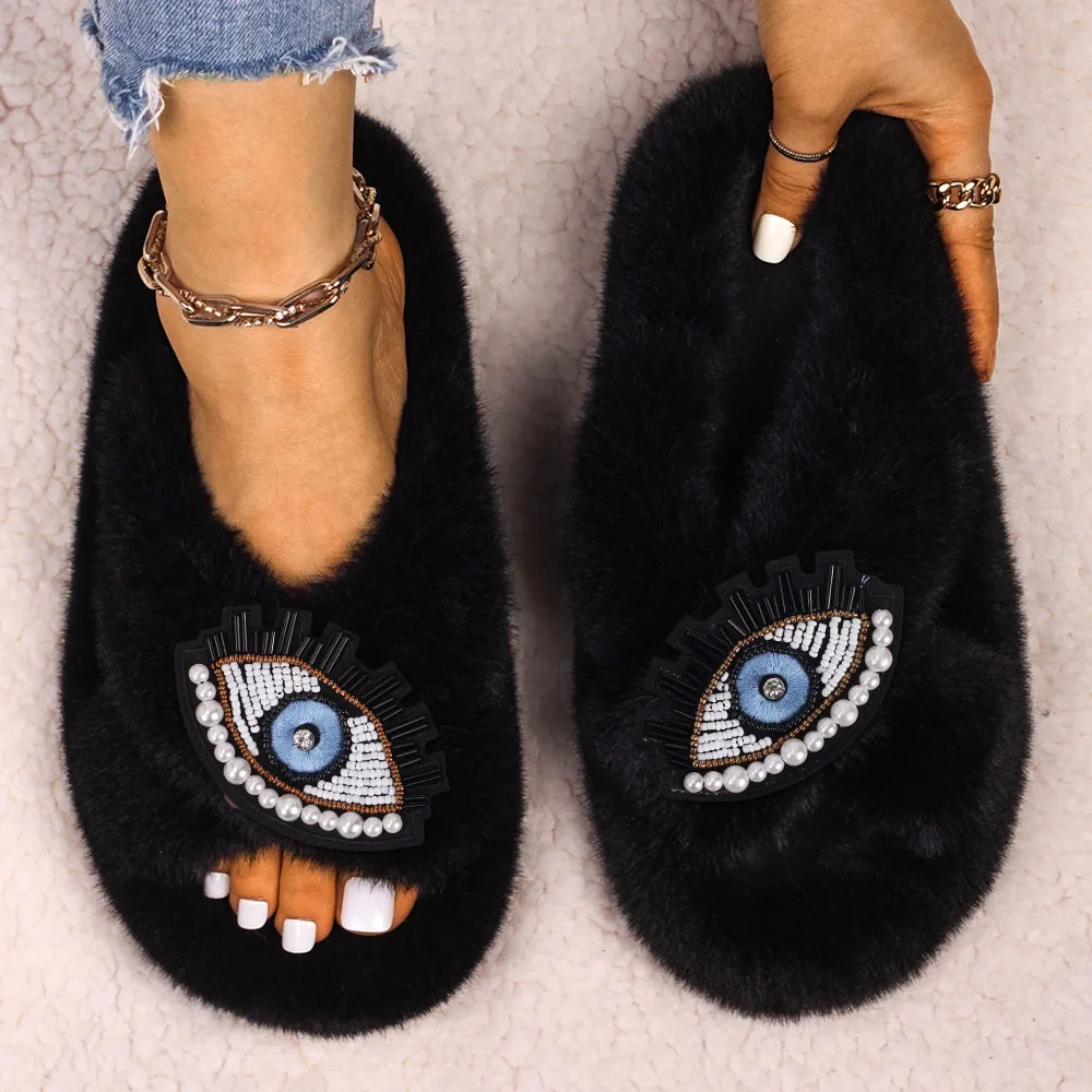 Women's Flip Flops Fluffy Slippers Faux Fur Slides DIY Customized Sandals Chic Eyes Decoration Slippers Female Casual Shoes