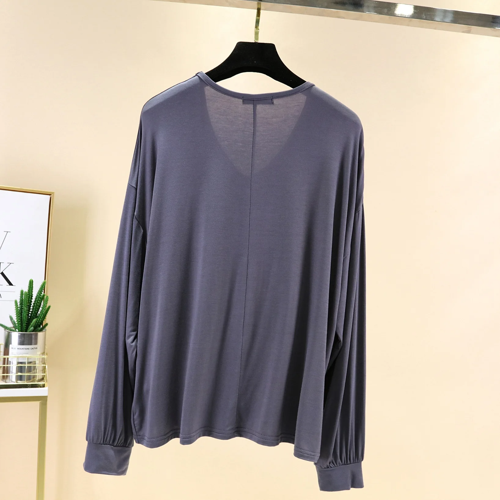 Loose V Neck Modal Long Sleeve T Shirt Womens Plus Size Casual Layering Top Lightweight Autumn and Spring Wear for Curvy Figures