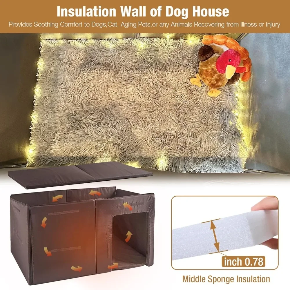 59'' Dog Kennel with Movable Insulation Liner, Dog House Extra Large Insulated, Weatherproof & All-Around Iron Anti-bite Frame