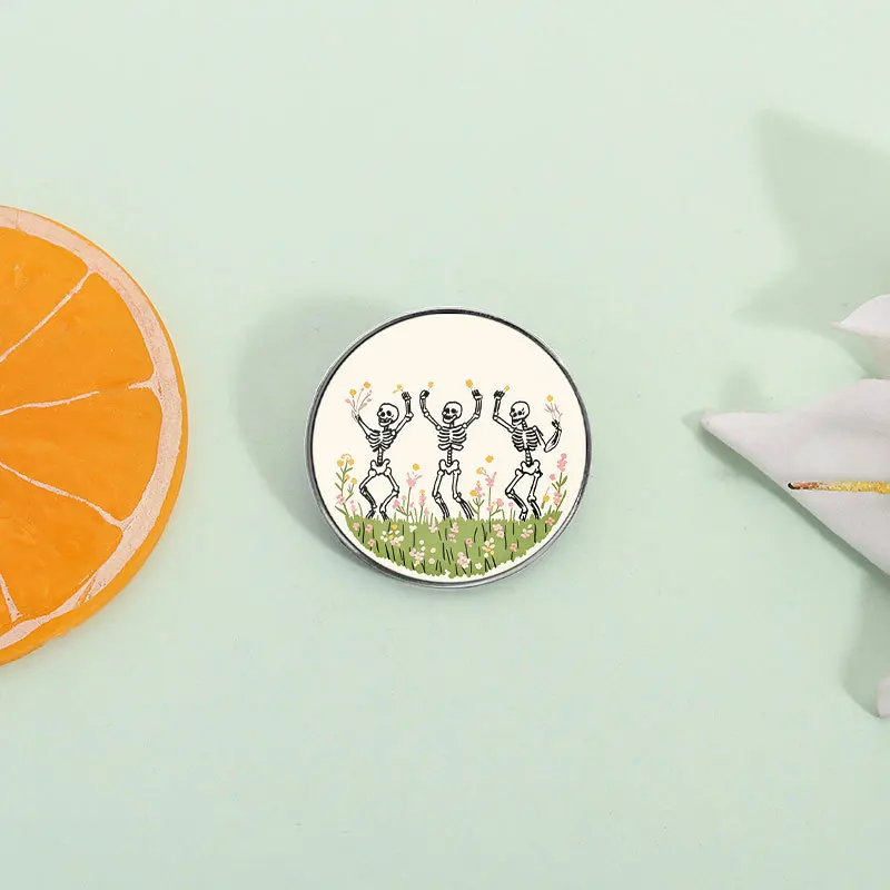Cute Pins Retro Countryside Dancing Skeleton Cartoon Brooch Dark Wind Flower Grass Skeleton Personalized Decoration Badge Pin