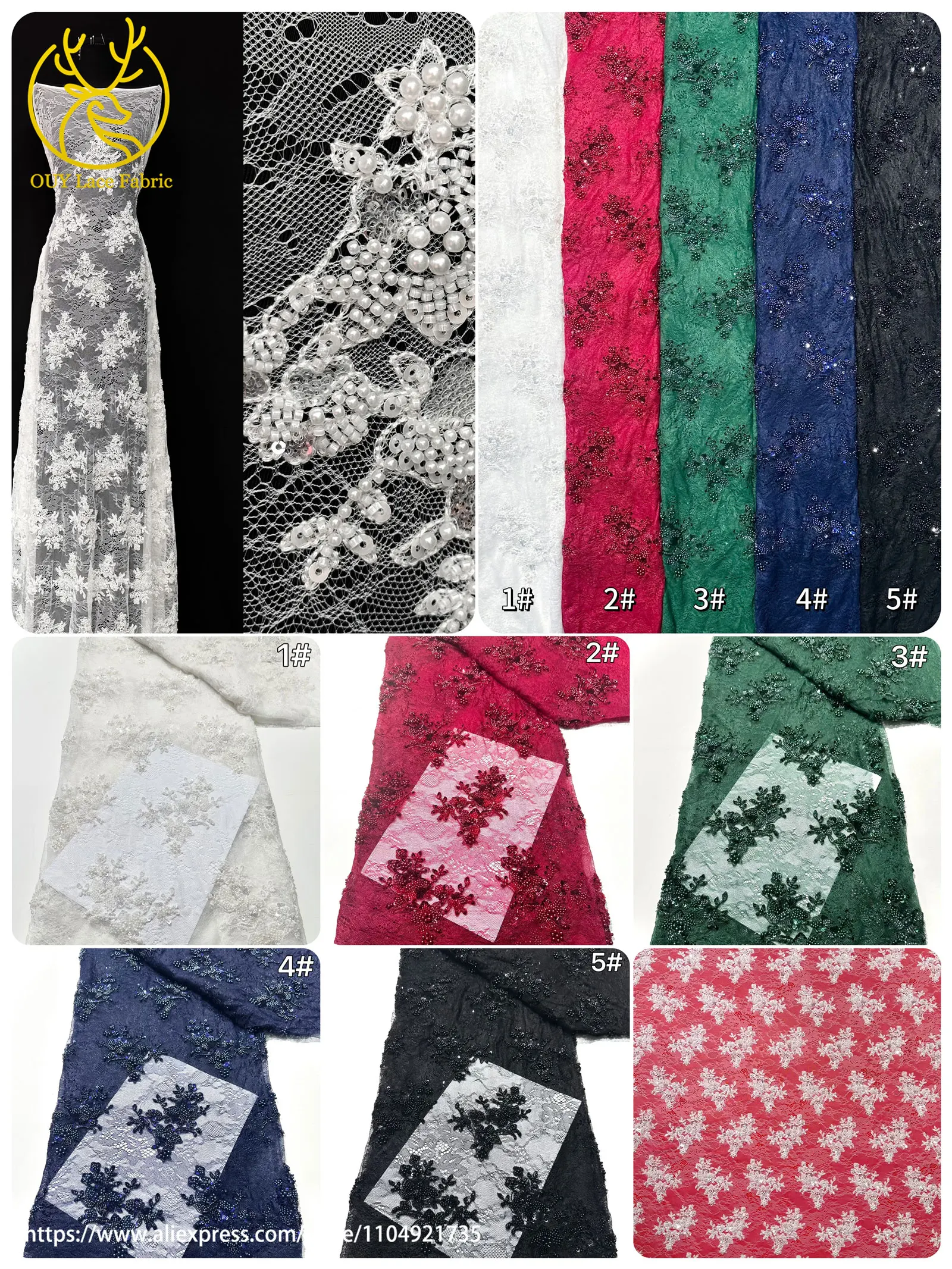 Grüner Afrikanischer Bräutigam Bestickter Blumen-Tüll-Spitzenstoff 2026 Französische Nigerianische Perlen-Pailletten-Spitze Hochzeitskleid-Material – Detail 2