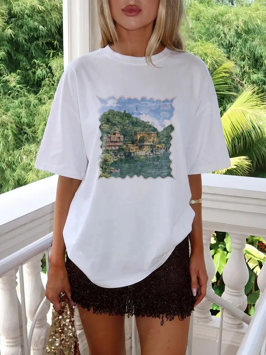 Italian Lake Como Scenic Print Oversized T-Shirt | White 