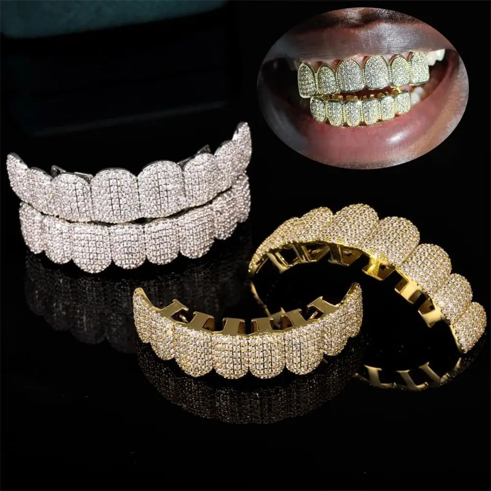 Juego de dientes Grillz de Hip Hop, diseño extraíble, juego superior e inferior, dientes de Hip Hop Grillz, diamantes de imitación, dije hueco, Grillz de dientes