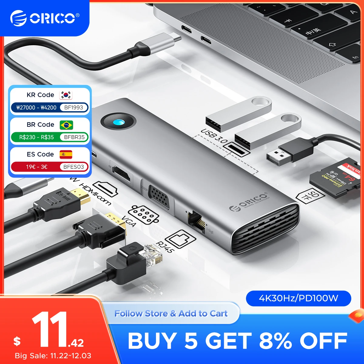 ORICO Docking Station Type C HUB to 4K60Hz HDMI-compatible USB 3.0 Adapter RJ45 PD100W Charge For Macbook Pro Laptop Accessories