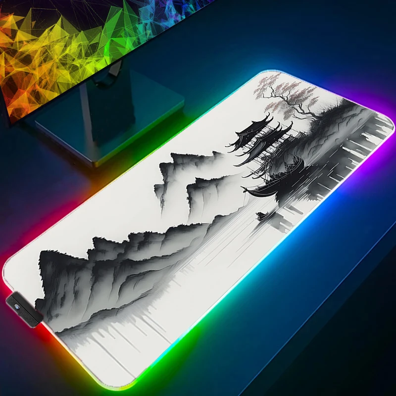 LED Light Large Mouse Pad Japanese ink painting Office Computer Desk Mat RGB Table Keyboard Carpet Accessories Gaming Mousepad