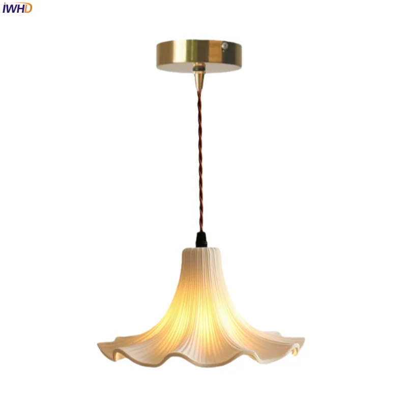 

IWHD Flower Ceramic LED Pendant Lights Kitchen Island Living Room Decoration Bedroom House French Vintage Hanging Lamp Lighting