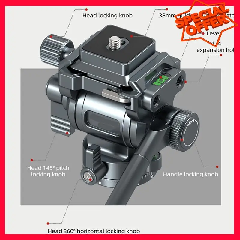 

-ESTR F38 Quick Release Fluid Video Pan-Tilt 360°Panoramic Gimbal Pan-Tilt Tilt 145° With Detachable Handle For Tripod Filming