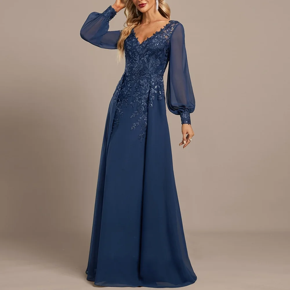 Vestido de noche azul marino para madre de la novia, traje de gasa con cuello en V, manga larga, lentejuelas, Apliques de encaje, Formal, Moderno