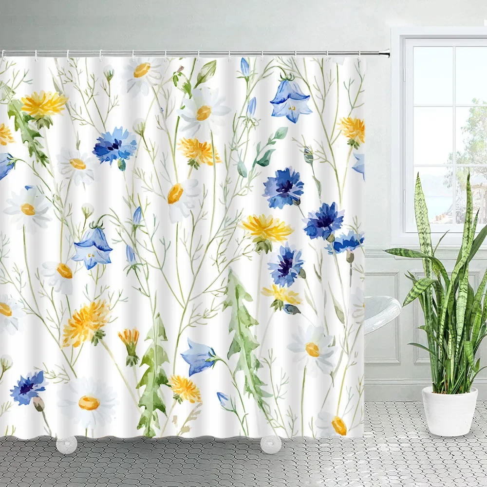 Butterfly Sunflower Shower Curtains Natural Yellow Flowers White Background Decor Simple Fabric Home Decor Bathroom Curtain Sets