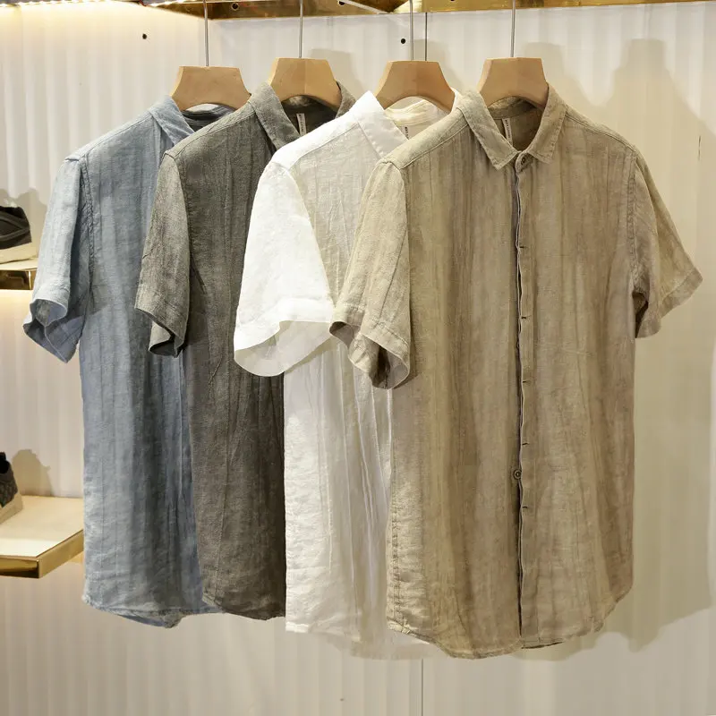 

Японская мужская летняя рубашка из 100% льна в стиле ретро, дышащая, повседневная, с коротким рукавом