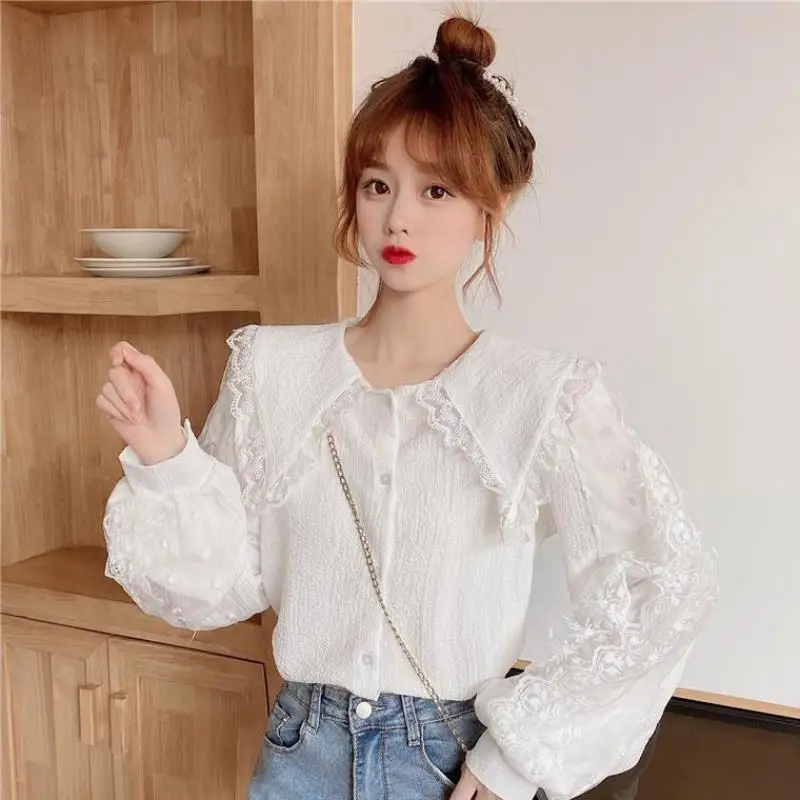 Sweet Slimming Top New Lace Doll Collar Age Reducing Korean Version Bubble Long Sleeved Shirt for Female Students Blouses Shirts