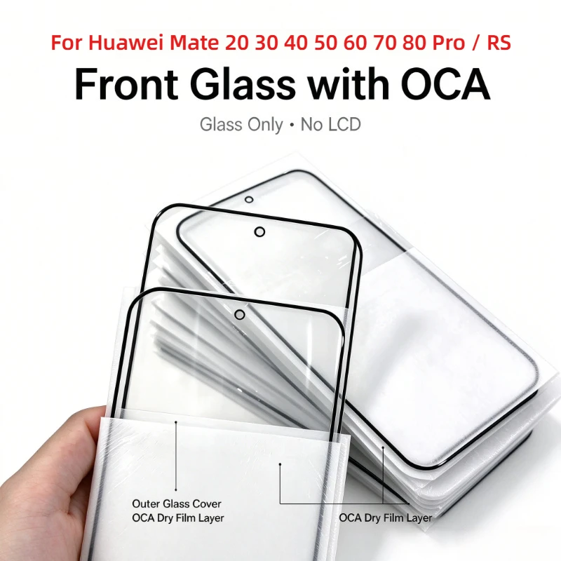 Front Glass with OCA For Huawei Mate 20 30 40 50 60 70 80 Pro Max /RS Outer Lens Replacement Screen Glass Only, No LCD