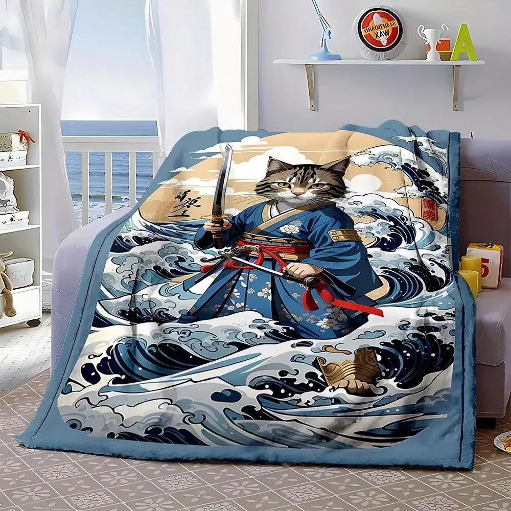 Samurai Cat Print Flannel Throw Blanket Reversible All-Season Cozy Polyester Bedding