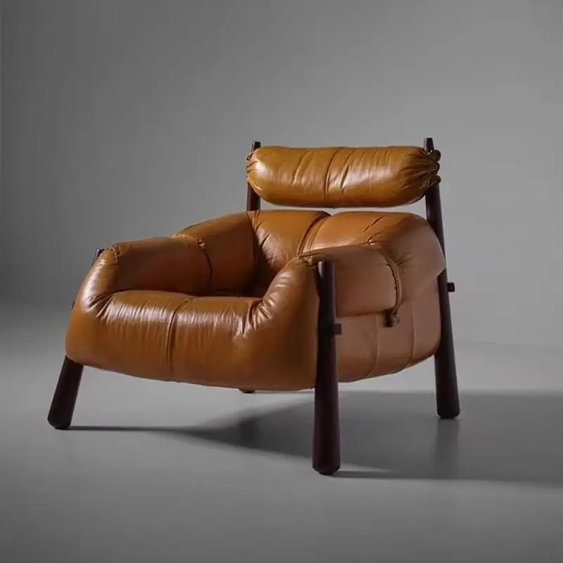 Medieval Balcony Lazy Sofa Chair Living Room Solid Wood Oil Wax Skin 5